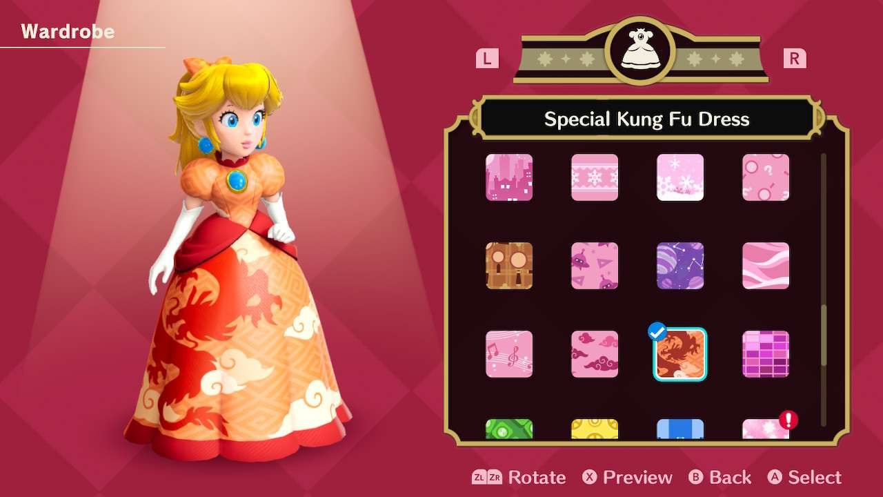 Princesa Peach usando o vestido especial de Kung Fu em Princess Peach Showtime