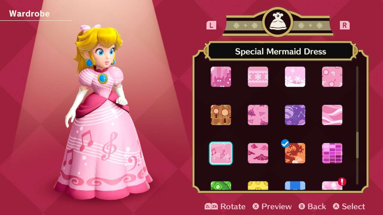 Princesa Peach usando o vestido especial de sereia em Princess Peach Showtime