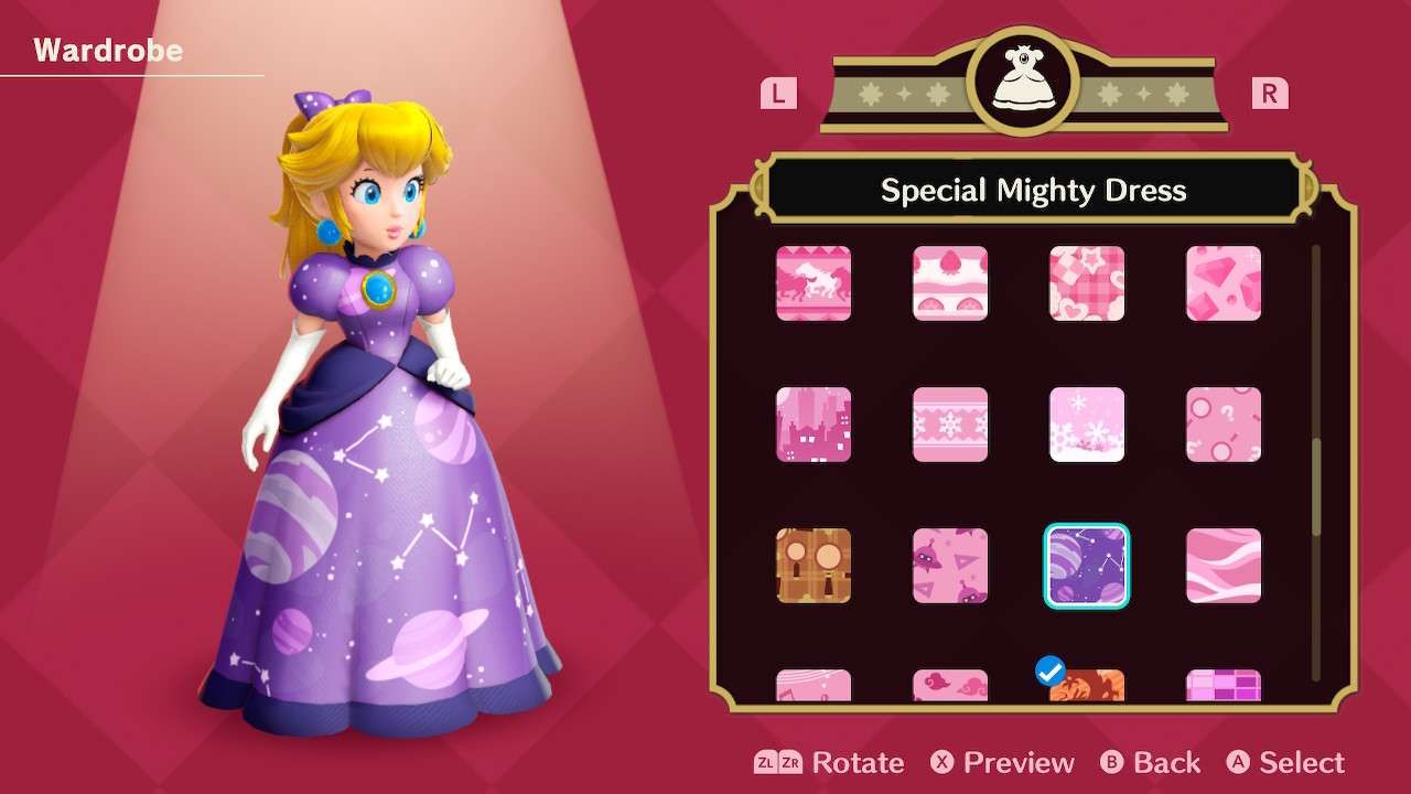 Princesa Peach usando o vestido especial poderoso em Princess Peach Showtime