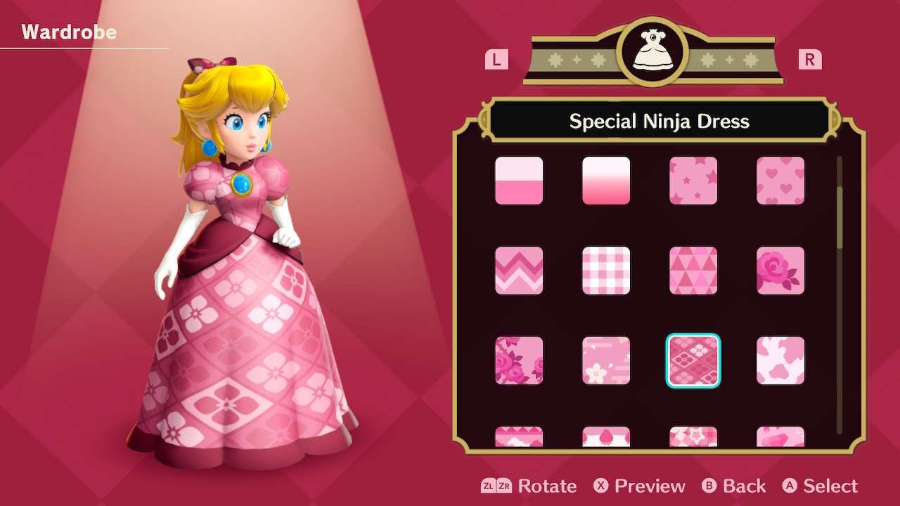 Princesa Peach usando o vestido especial Ninja em Princess Peach Showtime