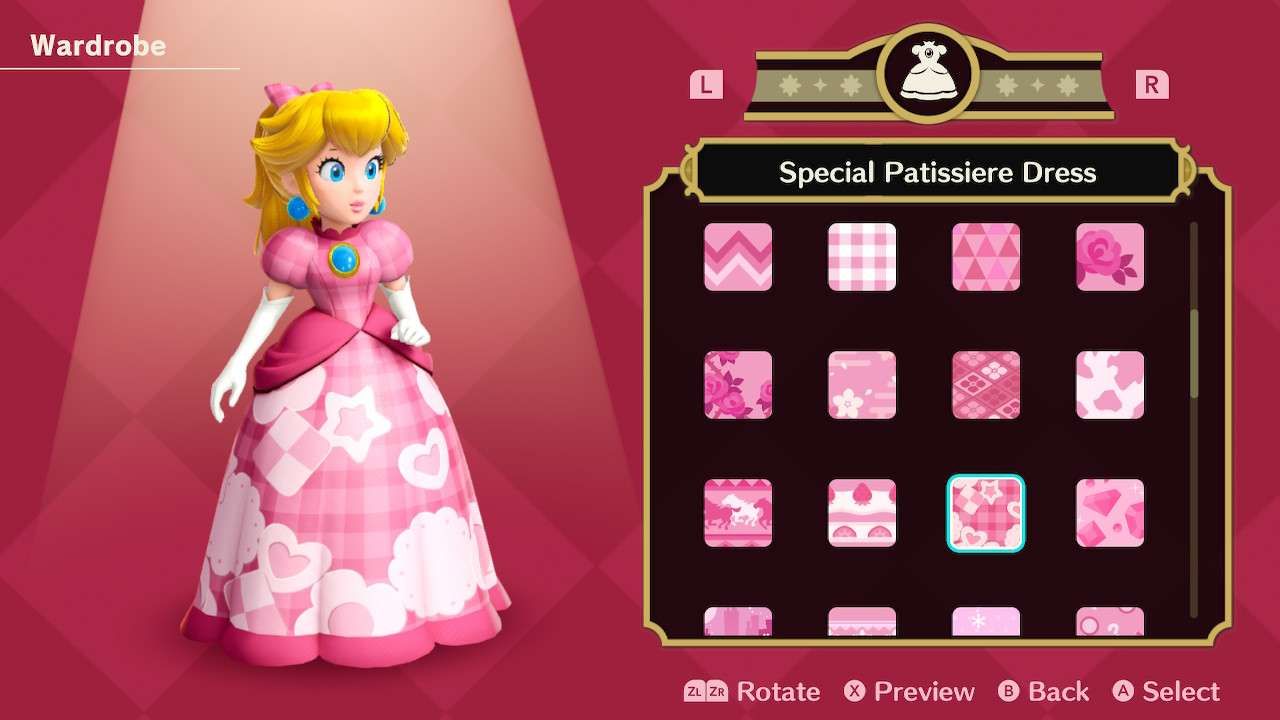 Princesa Peach usando o vestido Special Patissiere em Princess Peach Showtime