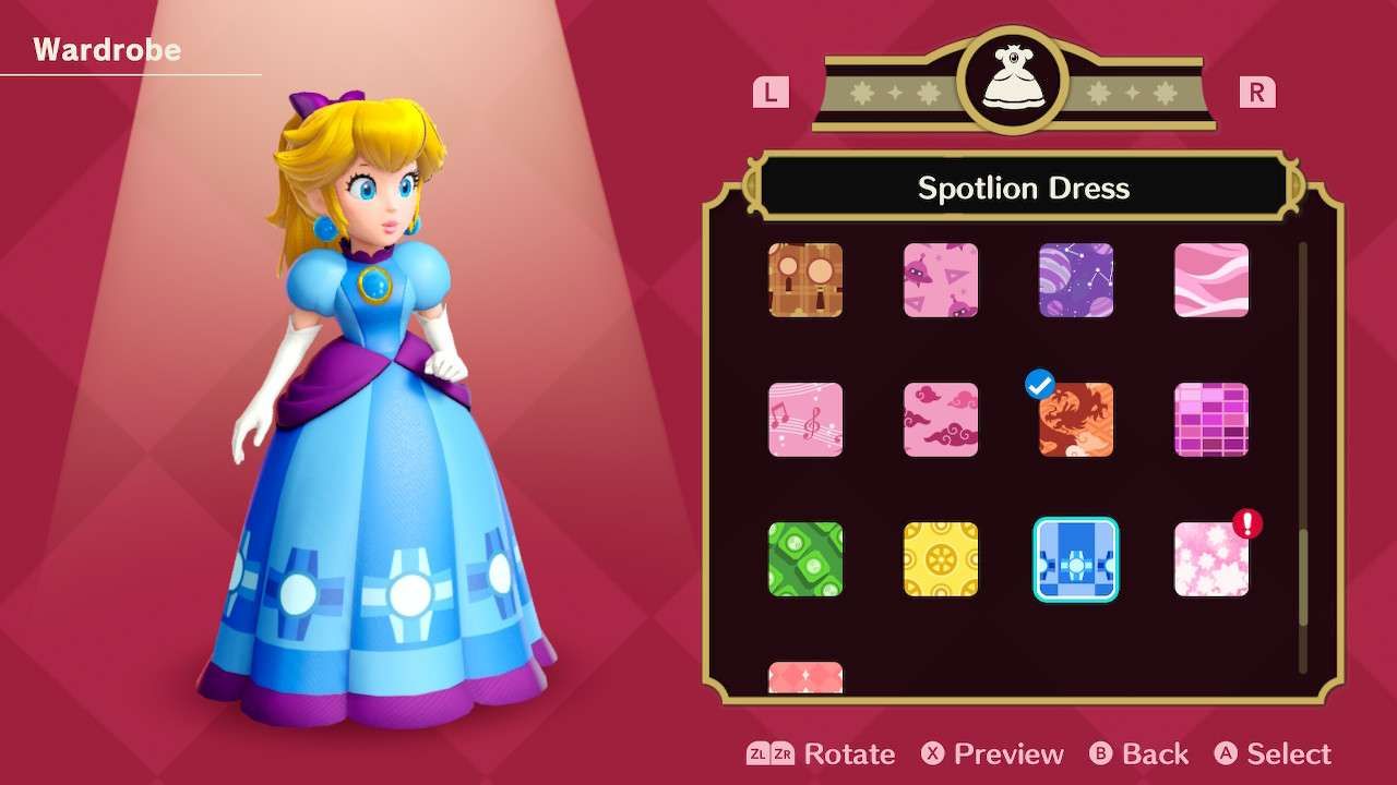 Princesa Peach usando o vestido Spotlion em Princess Peach Showtime