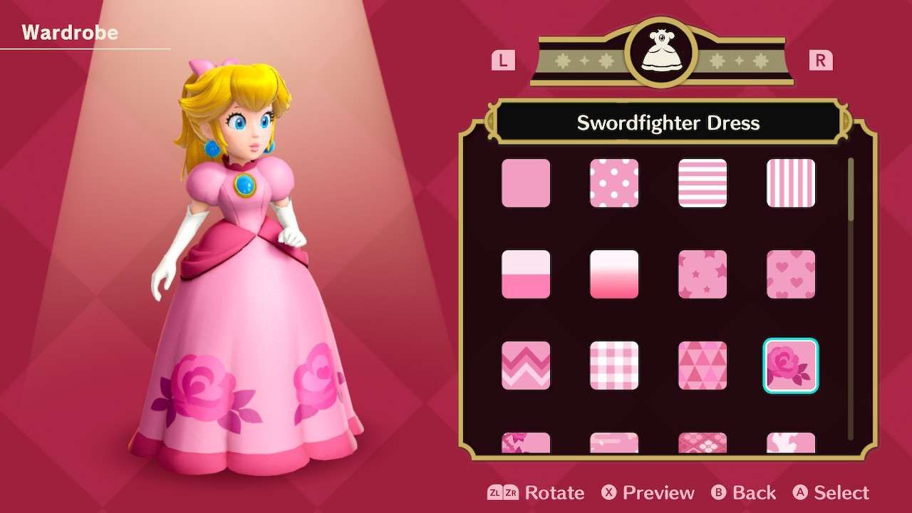 Princesa Peach usando o vestido de espadachim em Princess Peach Showtime