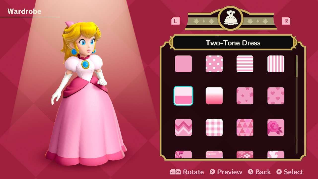 Princesa Peach usando o vestido de dois tons em Princess Peach Showtime