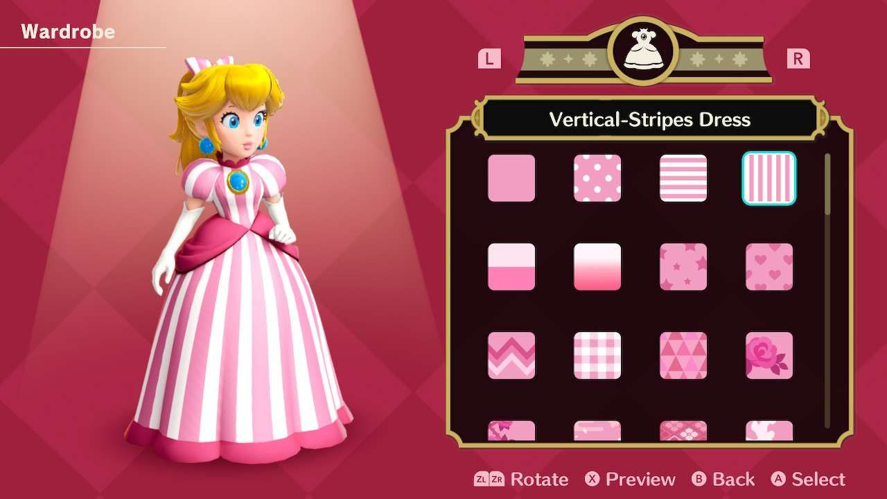 Princesa Peach usando o vestido de listras verticais em Princess Peach Showtime