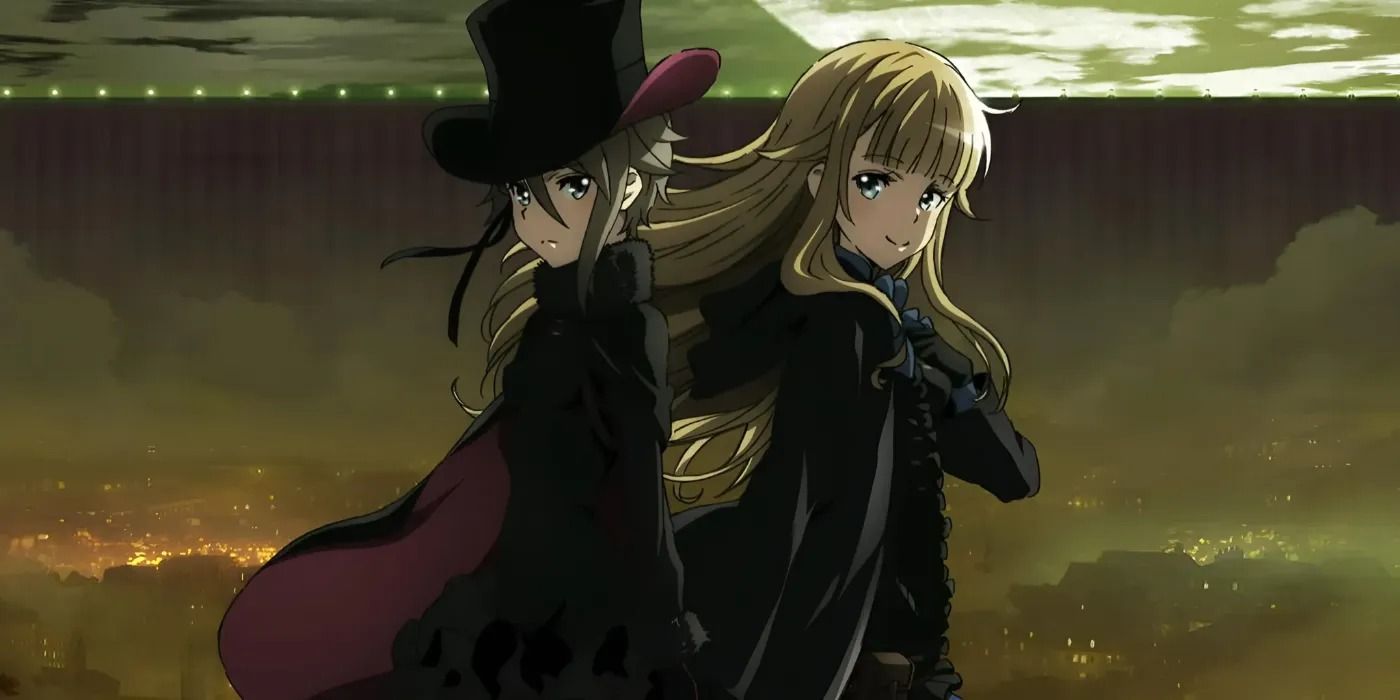 Princess Principal Ange and Charlotte looking towards the camera in the night