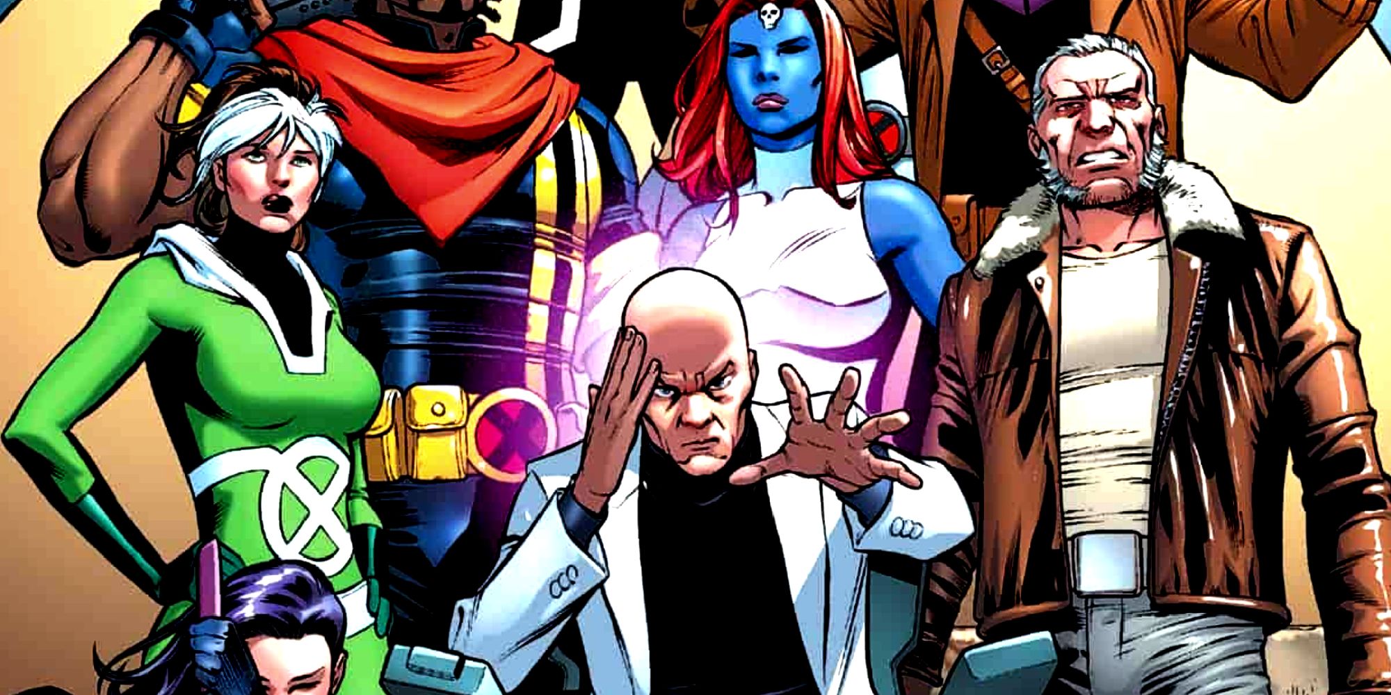 Professor X lidera um grupo de mutantes na arte da capa dos quadrinhos dos X-Men