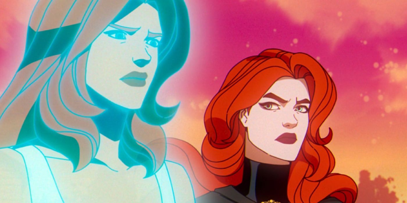 Projection of Jean Grey stands with Madelyne Pryor under pink skies in X-Men '97