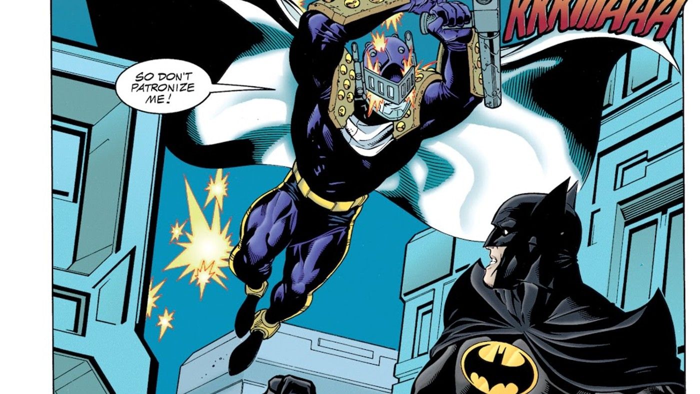 Comic panel: Prometheus launches himself at Batman in JLA #16