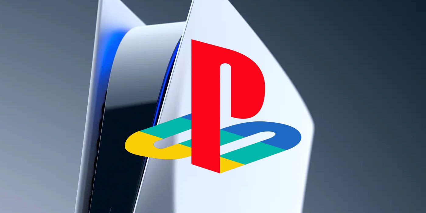 A close-up on a PS5 console with the original, rainbow-colored PlayStation logo superimposed.