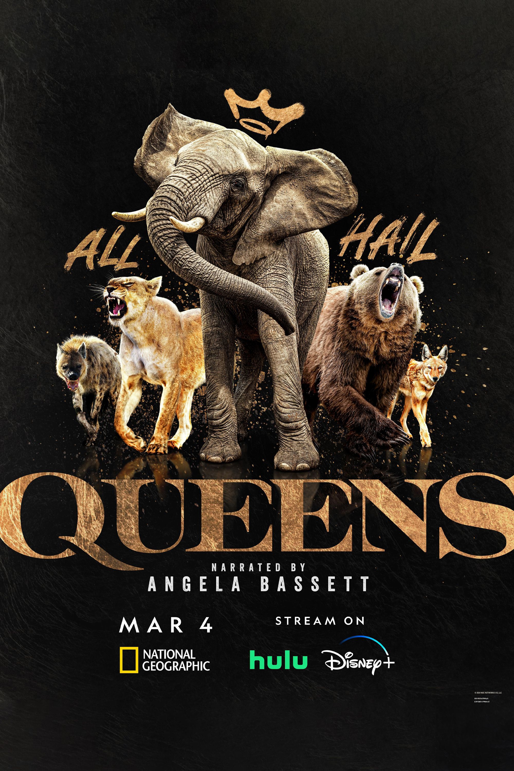 Queens National Geographic Poster Featuring an Elephant, Lion, Bear, Fox, and Hyena Roaring
