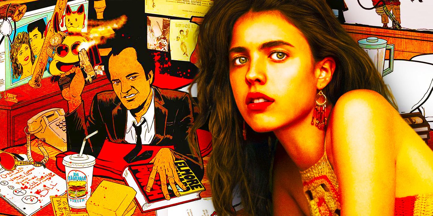 A cartoon Quentin Tarantino with Margaret Qualley in Once Upon a Time in Hollywood