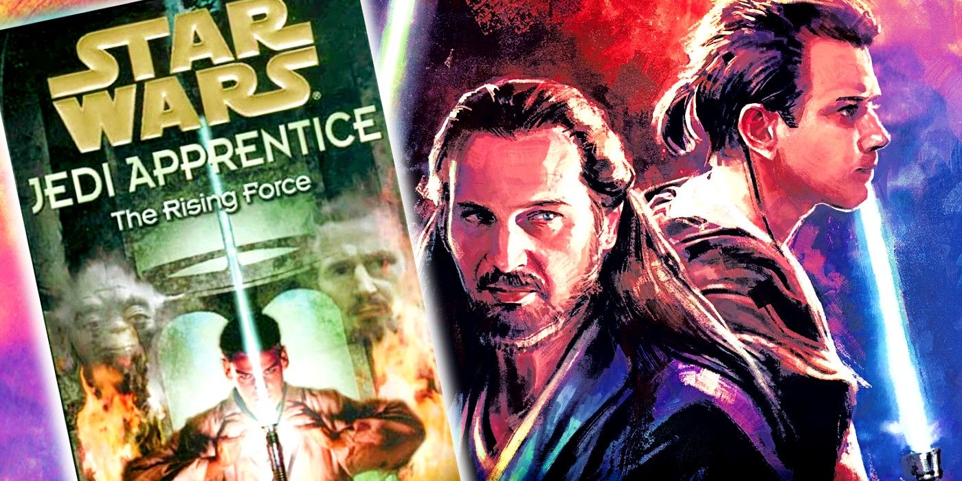 Left side: Yoda, Obi-Wan Kenobi, and Qui-Gon Jinn on the cover of Star Wars: Jedi Apprentice - The Rising Force; right side: Qui-Gon Jinn and Obi-Wan Kenobi on the cover of Star Wars: Master and Apprentice.