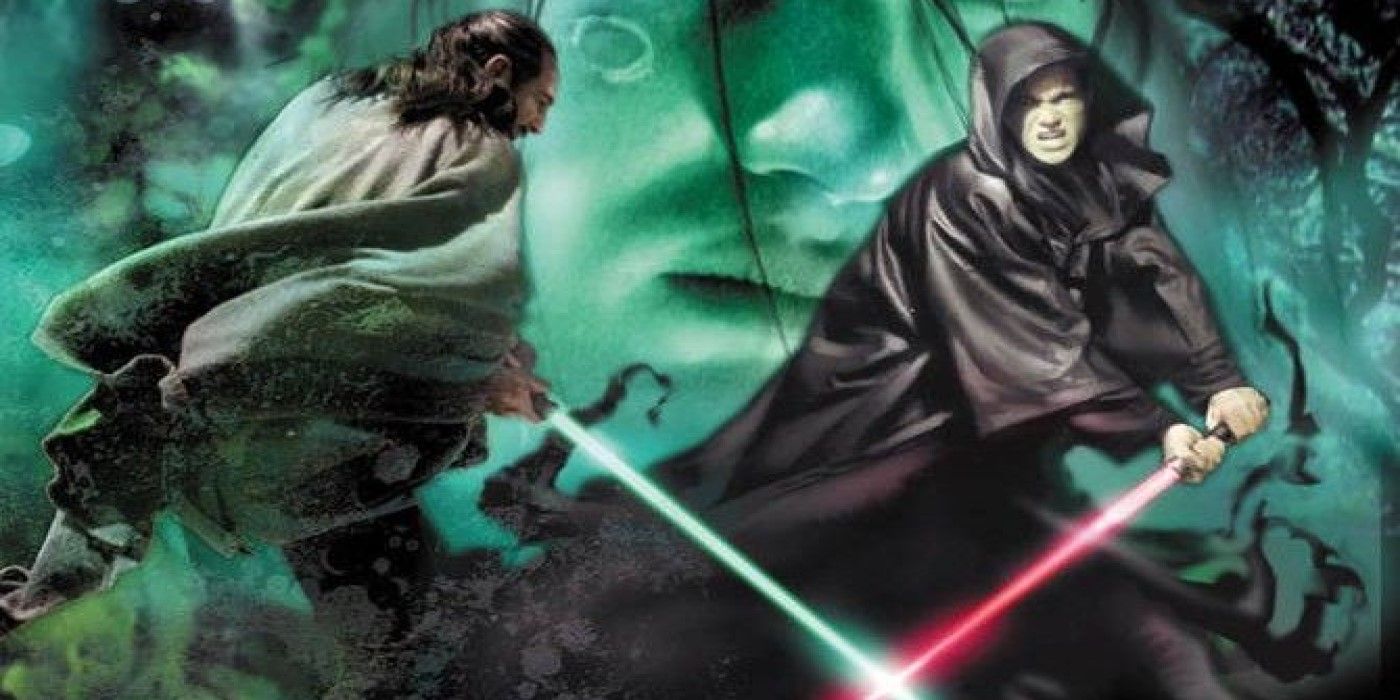 Qui-Gon Jinn duels Xanatos on the cover of Star Wars Jedi Apprentice The Dark Rival