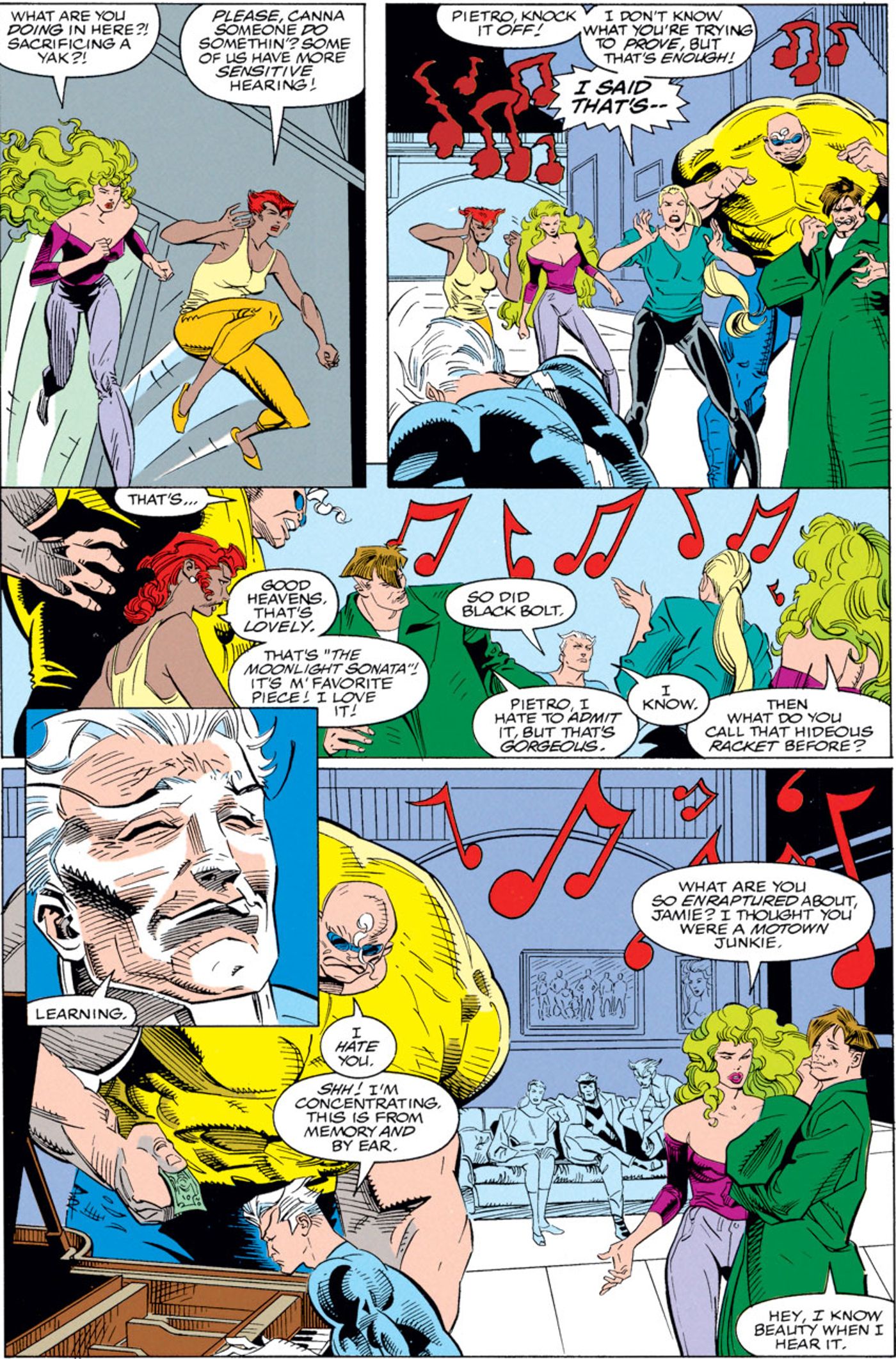 The X-Factor runs in as Quicksilver quickly and noisily learns to play piano. 