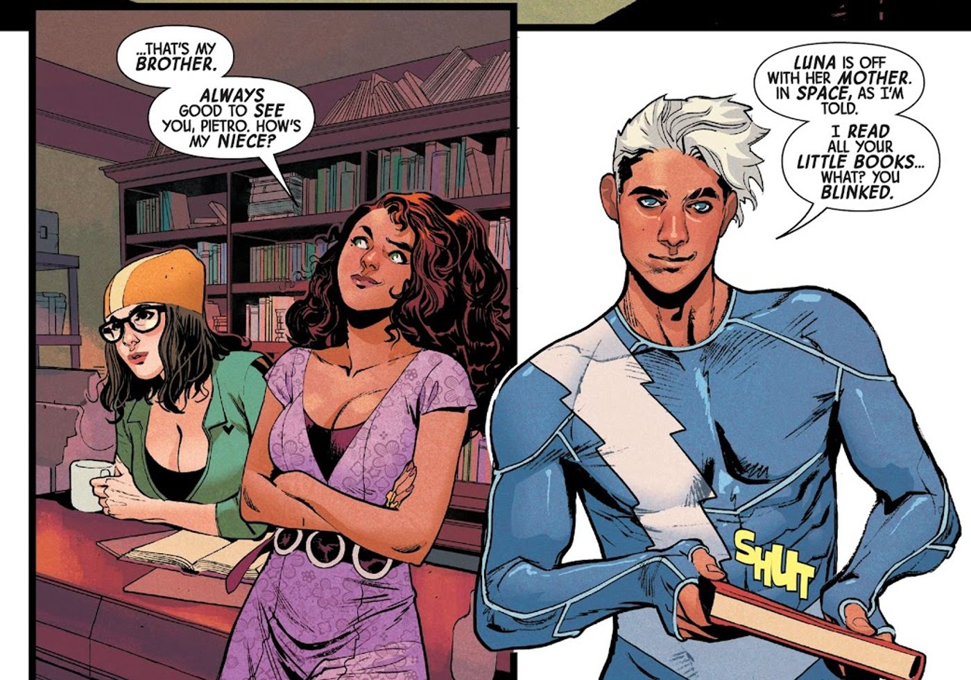 Darcy Lewis and Wanda Maximoff lean against a counter as Quicksilver says he read all the books in The Last Door. 