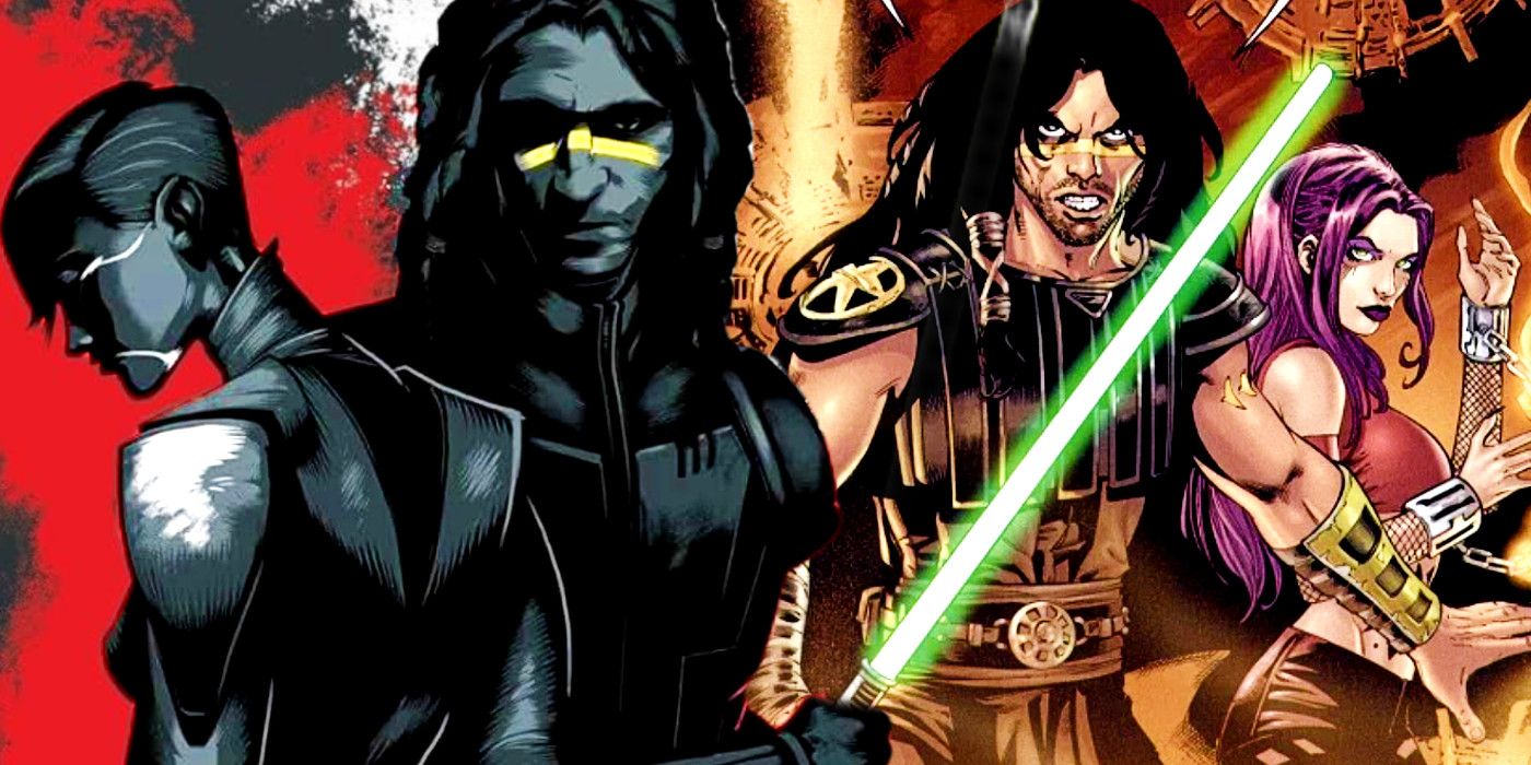 Lado esquerdo: Quinlan Vos e Asajj Ventress na capa de Star Wars: Dark Disciple;  lado direito: Quinlan Vos e Khaleen Hentz em Star Wars: Republic #76.
