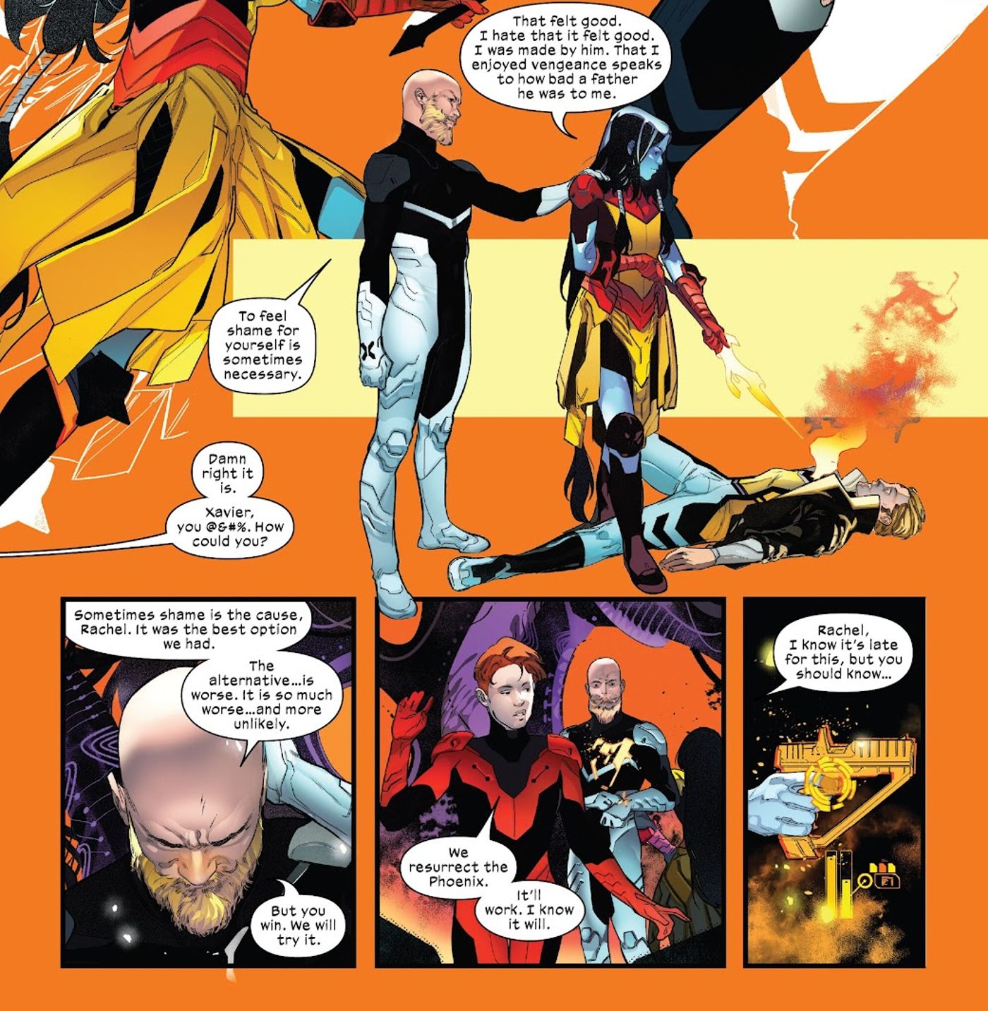 (Top) Professor X comforts Rasputin after she kills Sinister. (Bottom) Charles Xavier raises a weapon to Rachel Grey as they discuss resurrecting the Phoenix. 