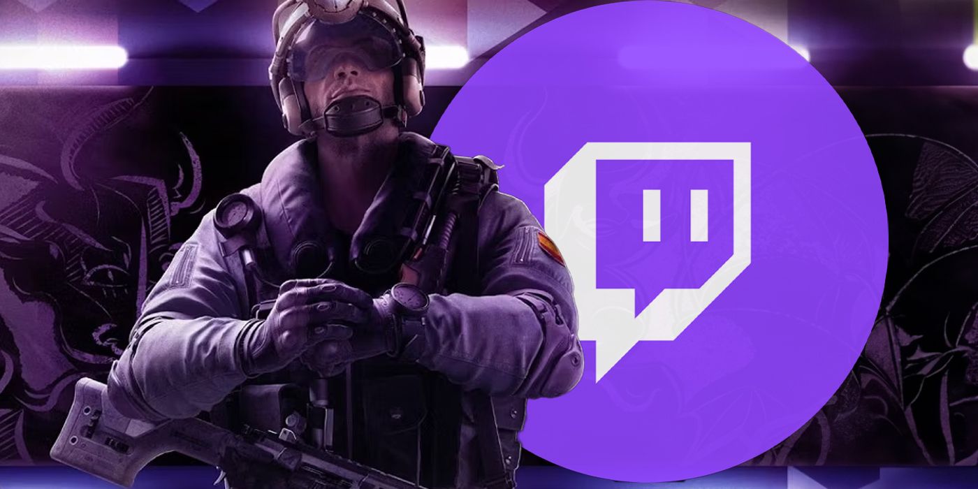 Jackal, operador do Rainbow Six Siege, com um logotipo do Twitch atrás dele