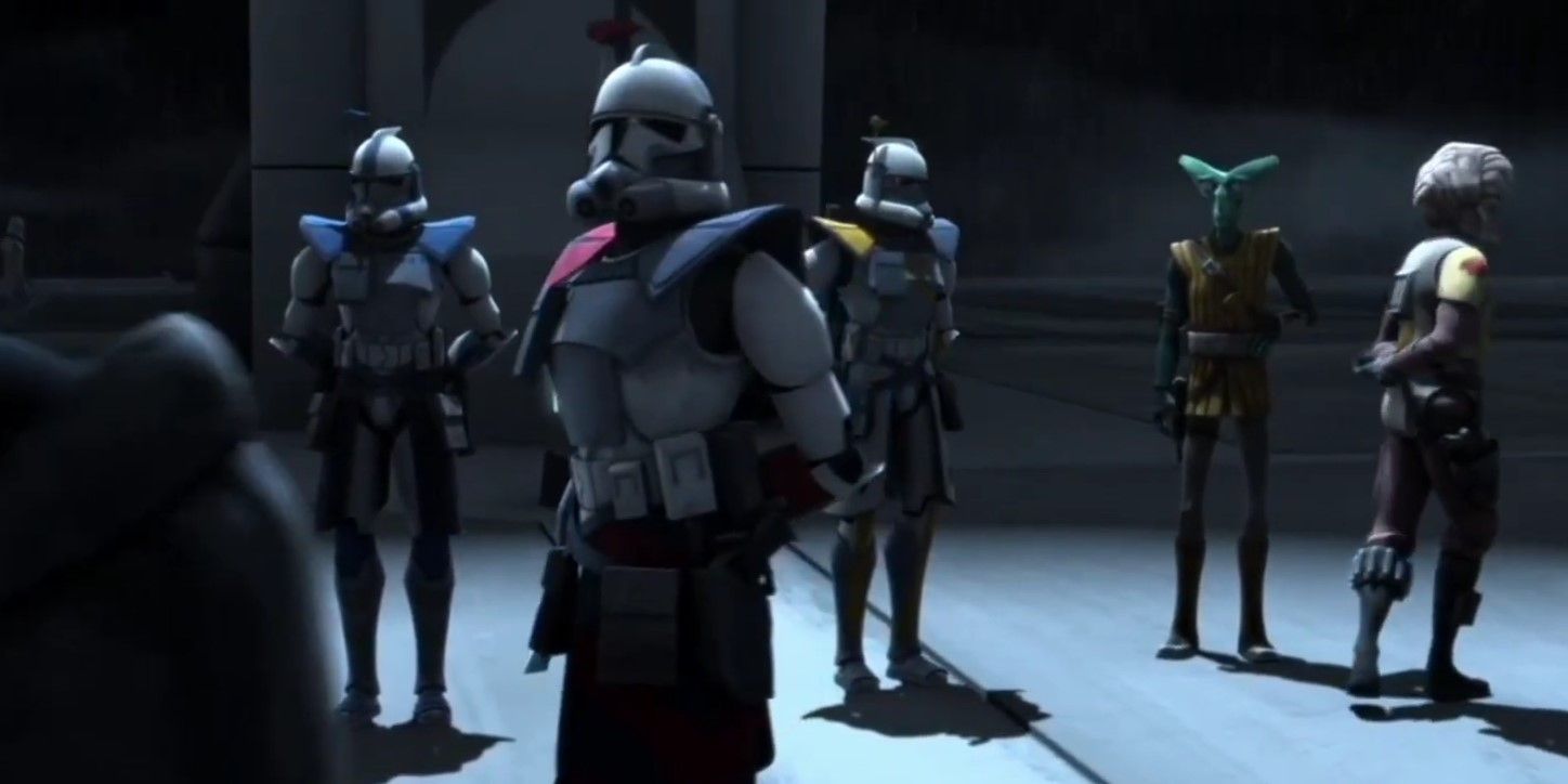 Rancor Squad: the ARC troopers and commanders Blitz, Havoc, and Colt speaking to newly initiated clone troopers in Star Wars: The Clone Wars