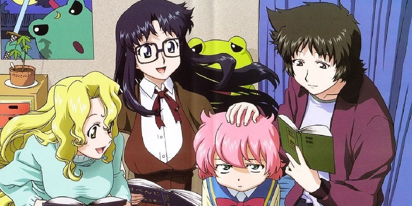 O elenco do anime de Read or Die em um quarto lendo livros e sorrindo juntos.