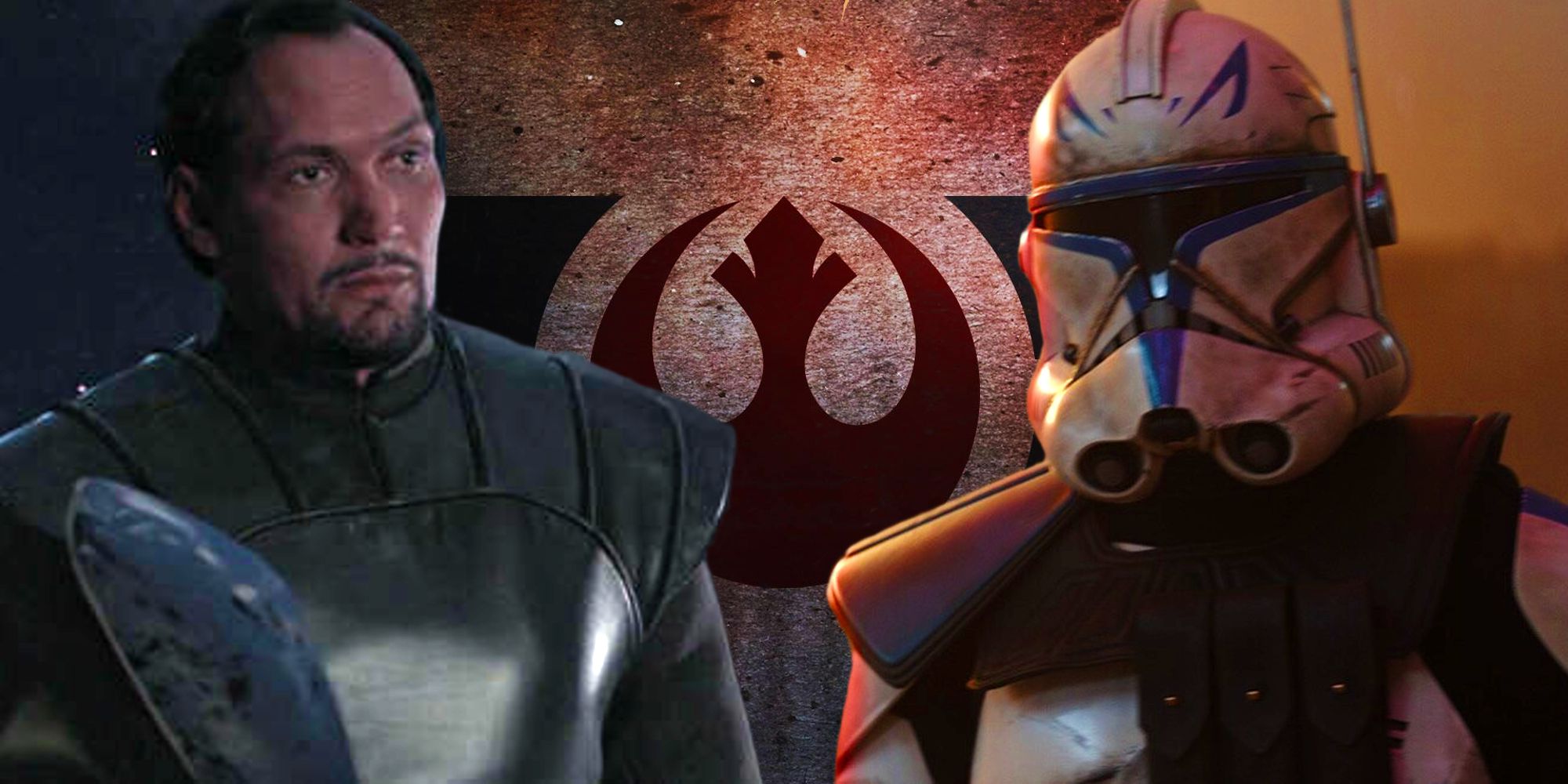 The logo of Star Wars' Rebel Alliance between images of Bail Organa from the prequels and Captain Rex from Ahsoka