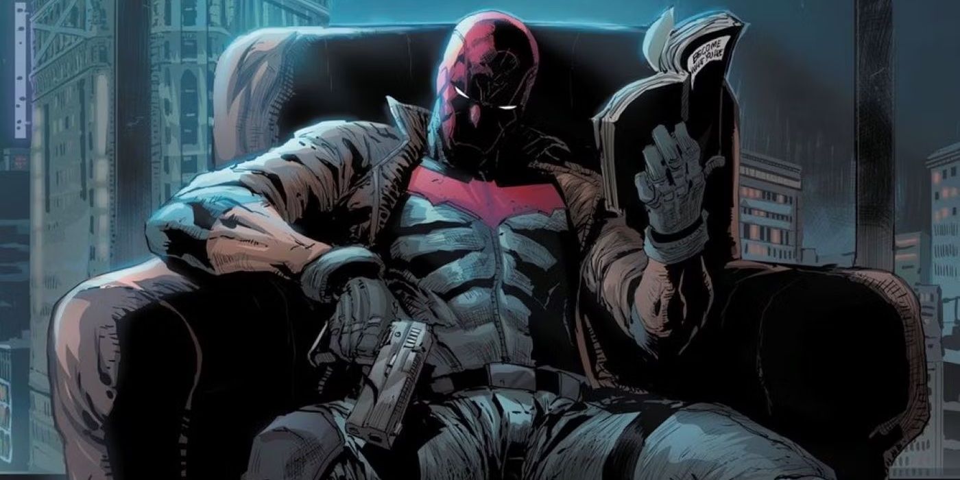 Red Hood sitting holding a gun and a book