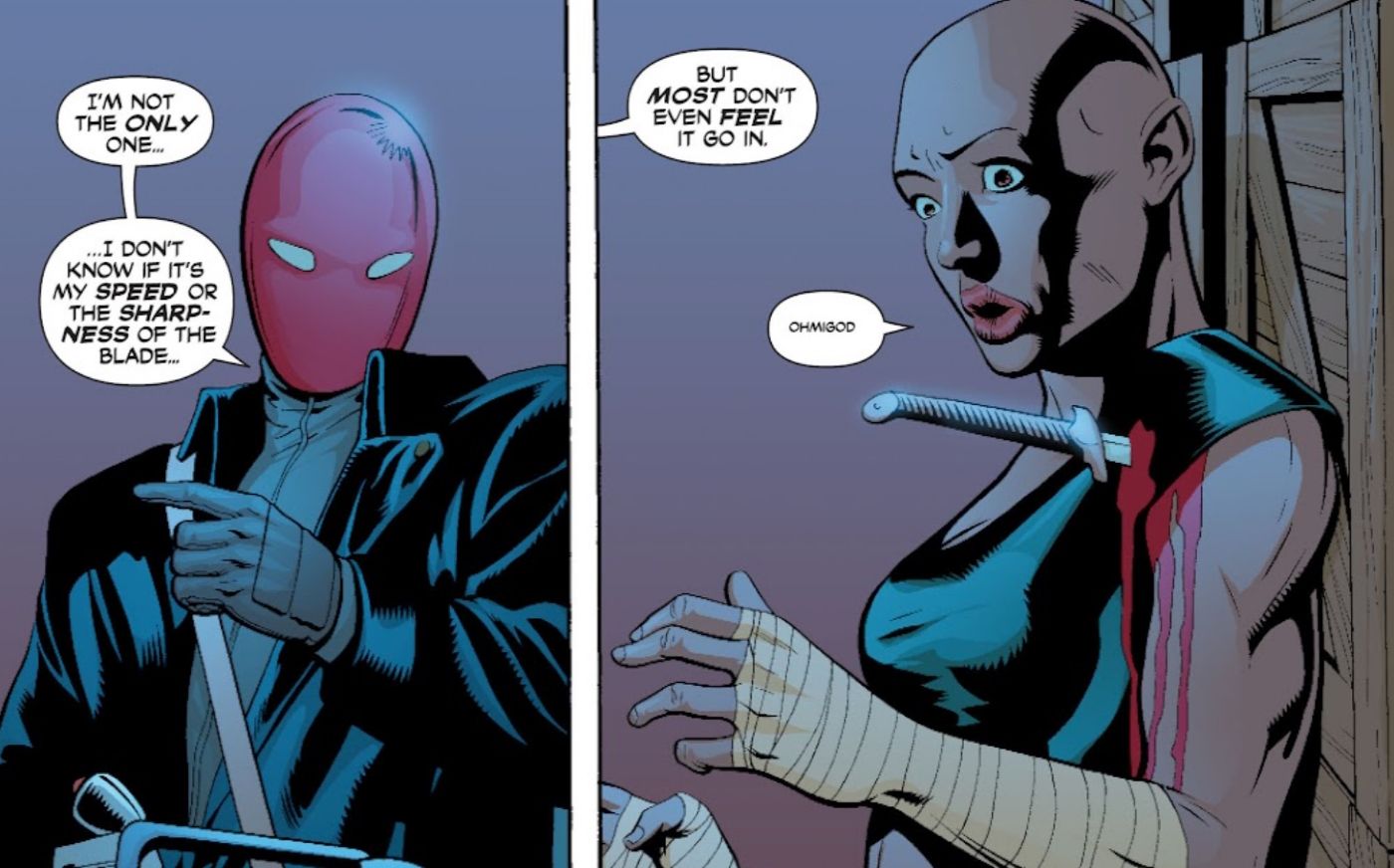 Red Hood Stabs Onyx Through The Shoulder Pinning Her To A Box