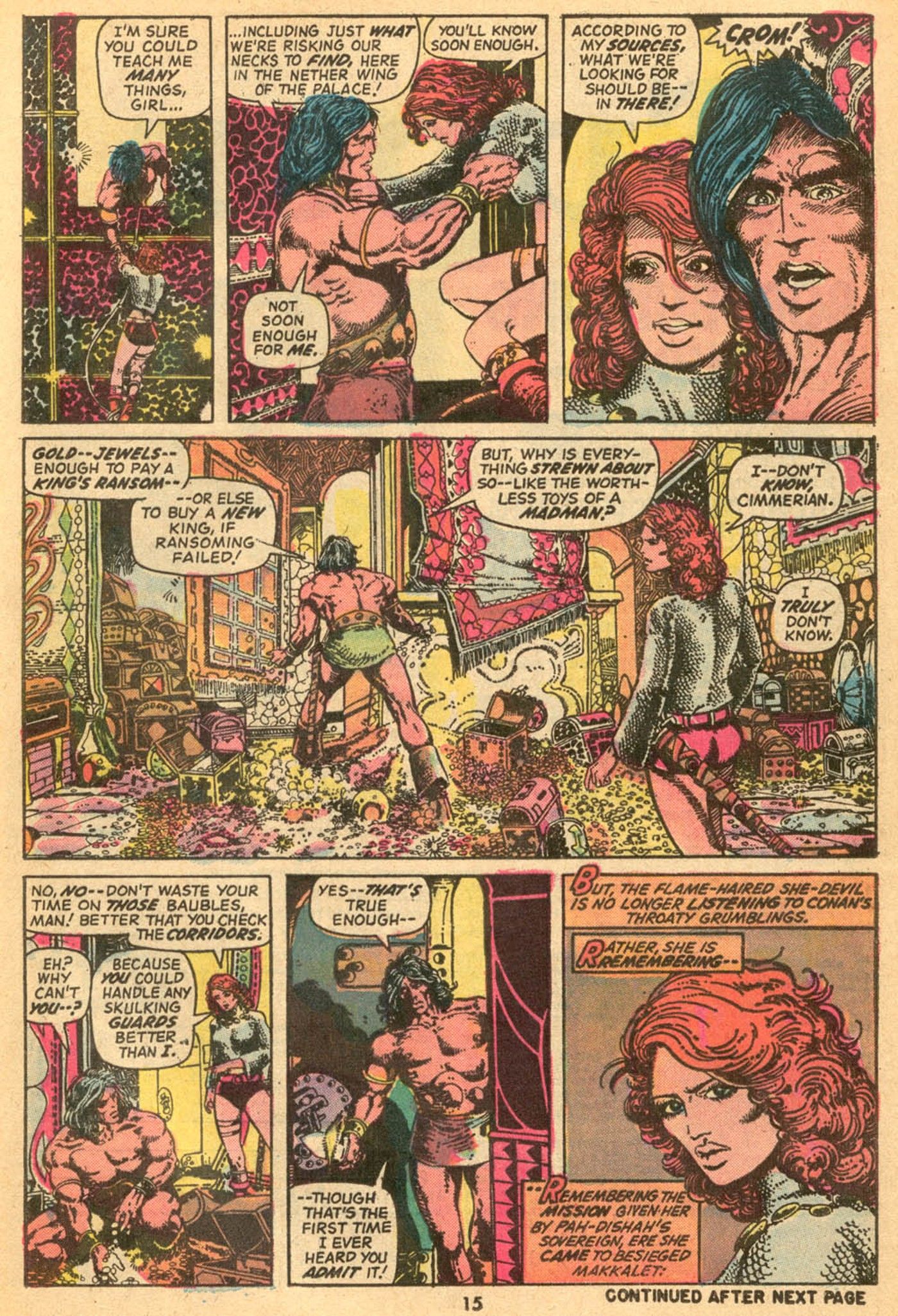Seven panels of Conan and Red Sonja finding treasure