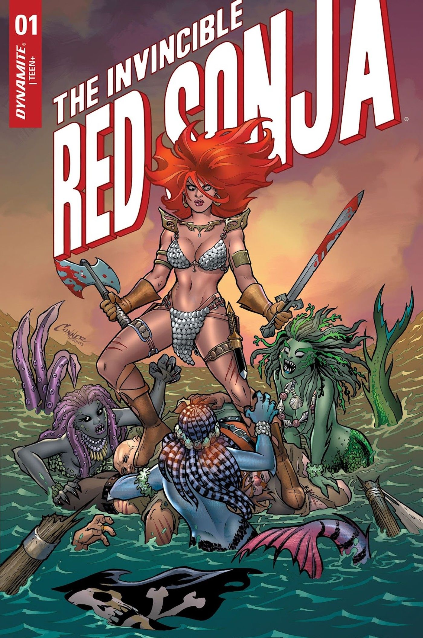 Image of Red Sonja fighting mermaids