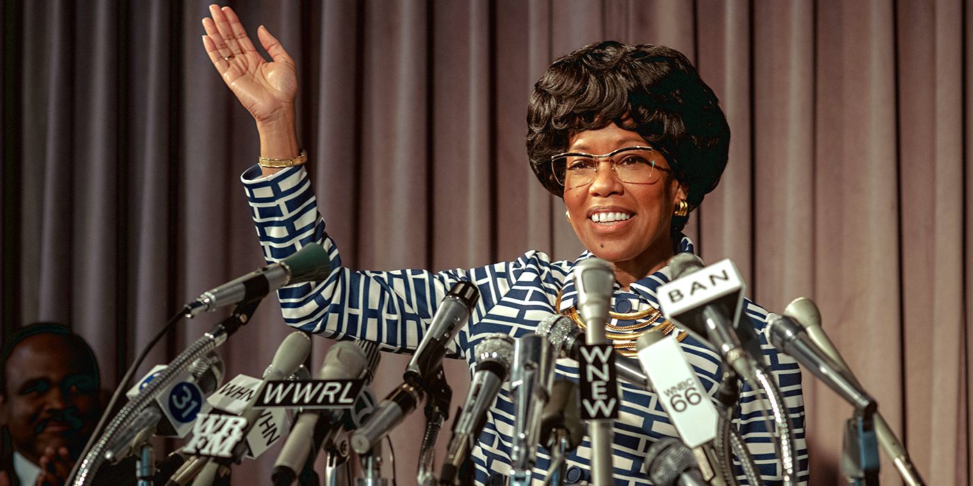 Regina King as Shirley Chisholm at a press conference in Shirley