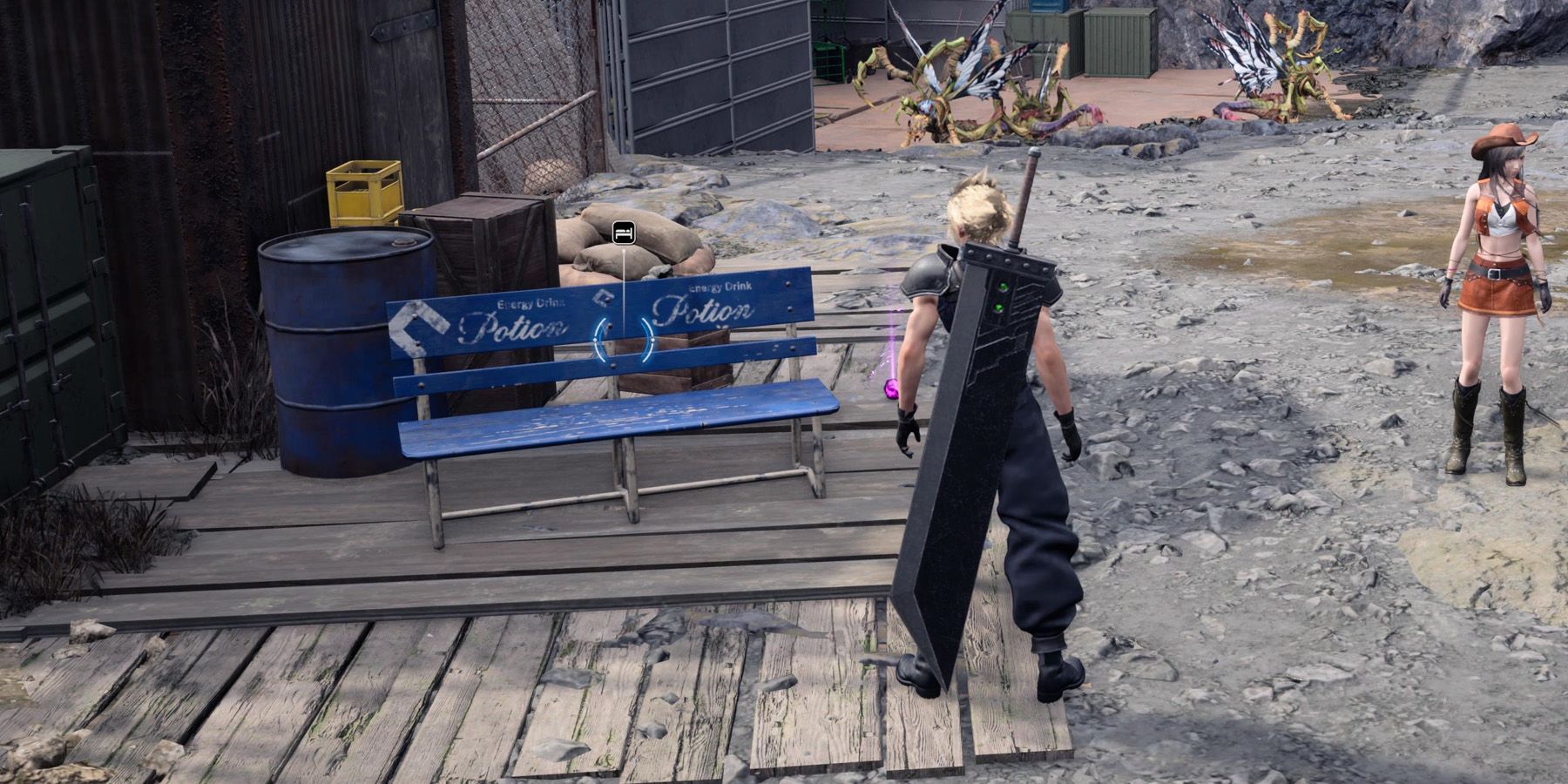 Cloud looking at a bench ro rest at in FF7 Rebirth.