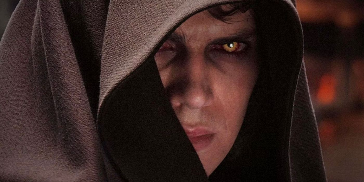 Anakin Skywalker olhando para a câmera com olhos amarelos em A Vingança dos Sith