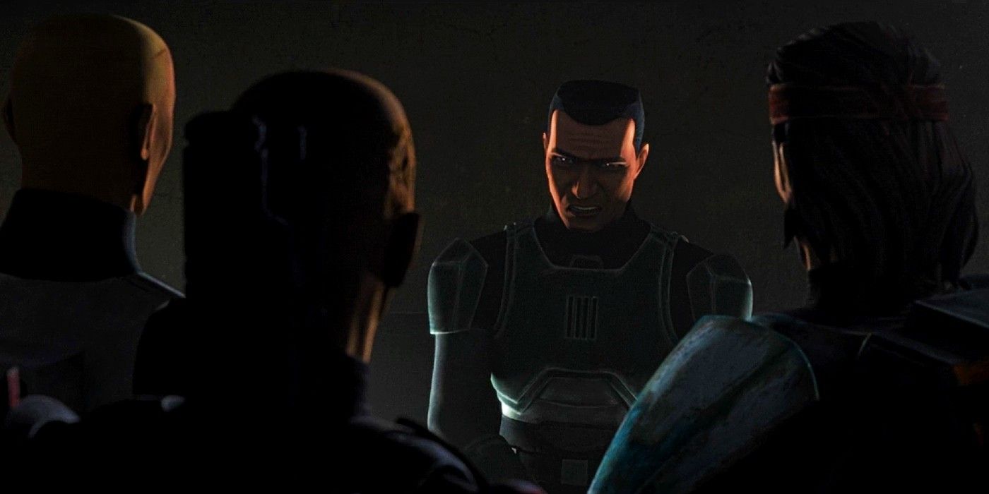 Rex, Crosshair, and Hunter interrogate a Shadow Trooper in Star Wars: The Bad Batch season 3, episode 6 