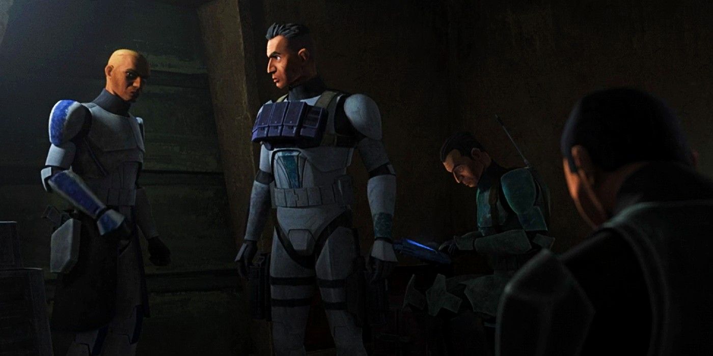 Rex and Howzer interrogate a Shadow Trooper in Star Wars: The Bad Batch season 3, episode 6 