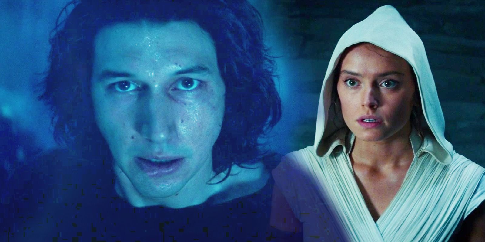 Rey to the right from The Rise of Skywalker looking surprised and Kylo Ren in a blue hue similar to a Force ghost to the left