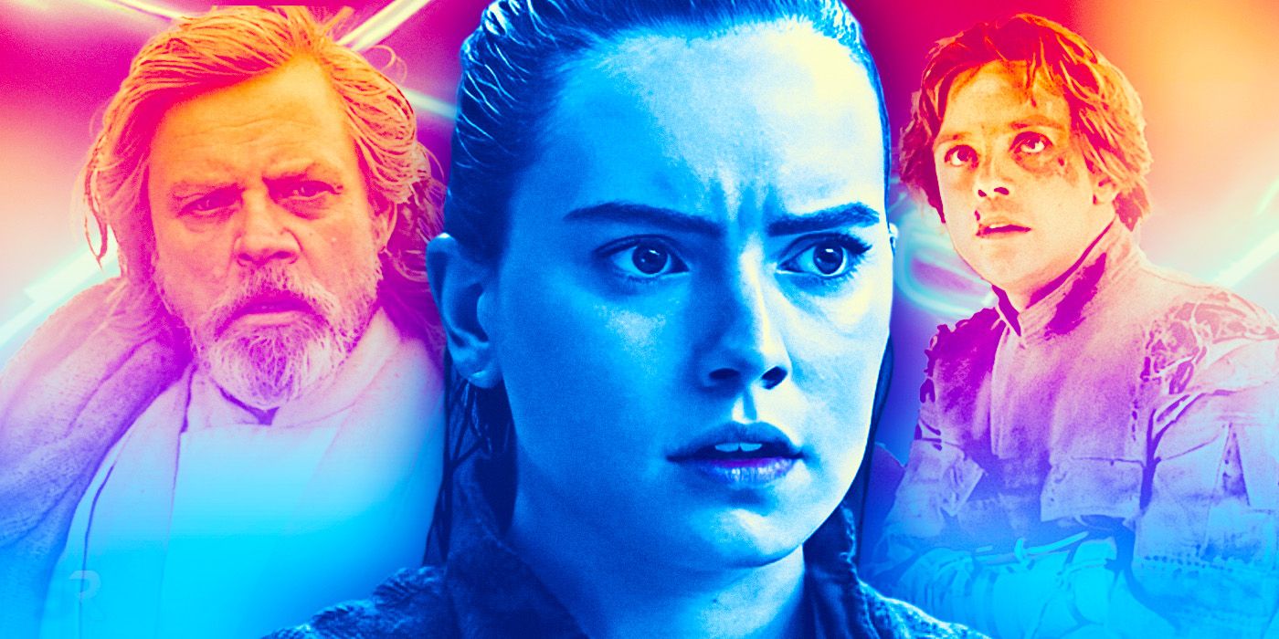 Daisy Ridley's Rey looks concerned superimposed over Mark Hamill's Luke Skywalker in Star Wars