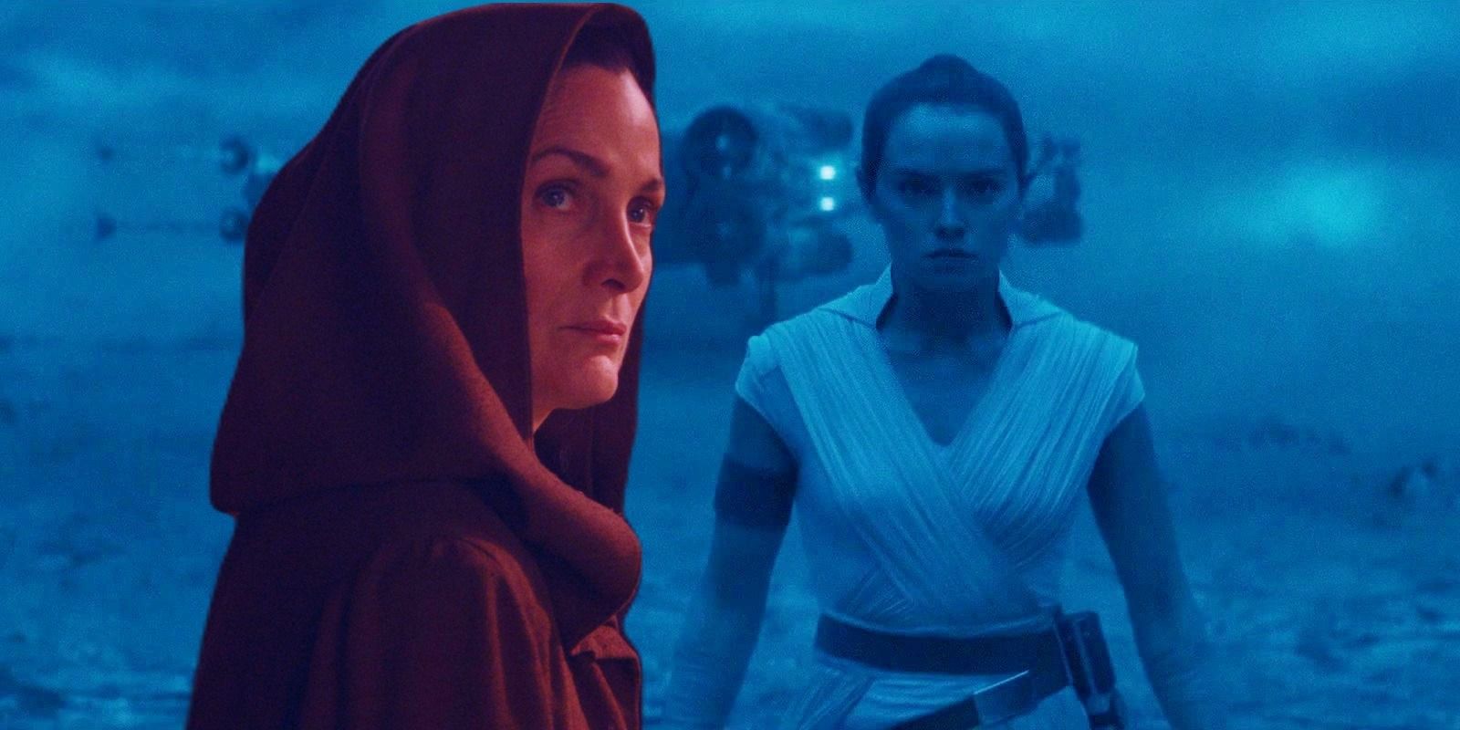 Rey in The Rise of Skywalker to the right in a blue hue and Carrie-Anne Moss as Indara in the Acolyte trailer to the left in a red hue