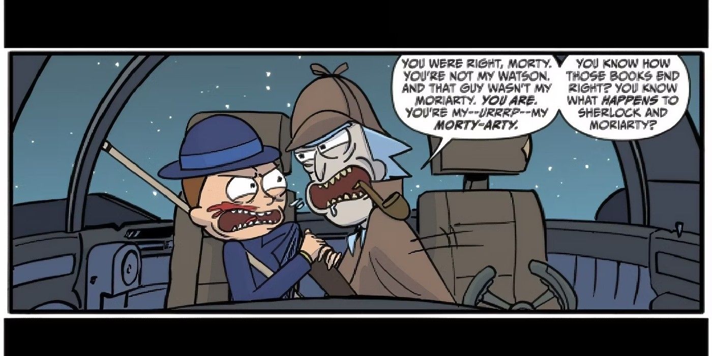 Rick e Morty discutindo enquanto se vestiam de Sherlock Holmes e Watson