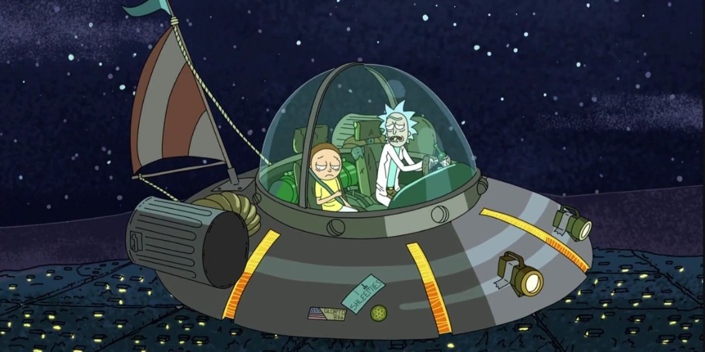 Rick and Morty flying in Rick's spaceship. 