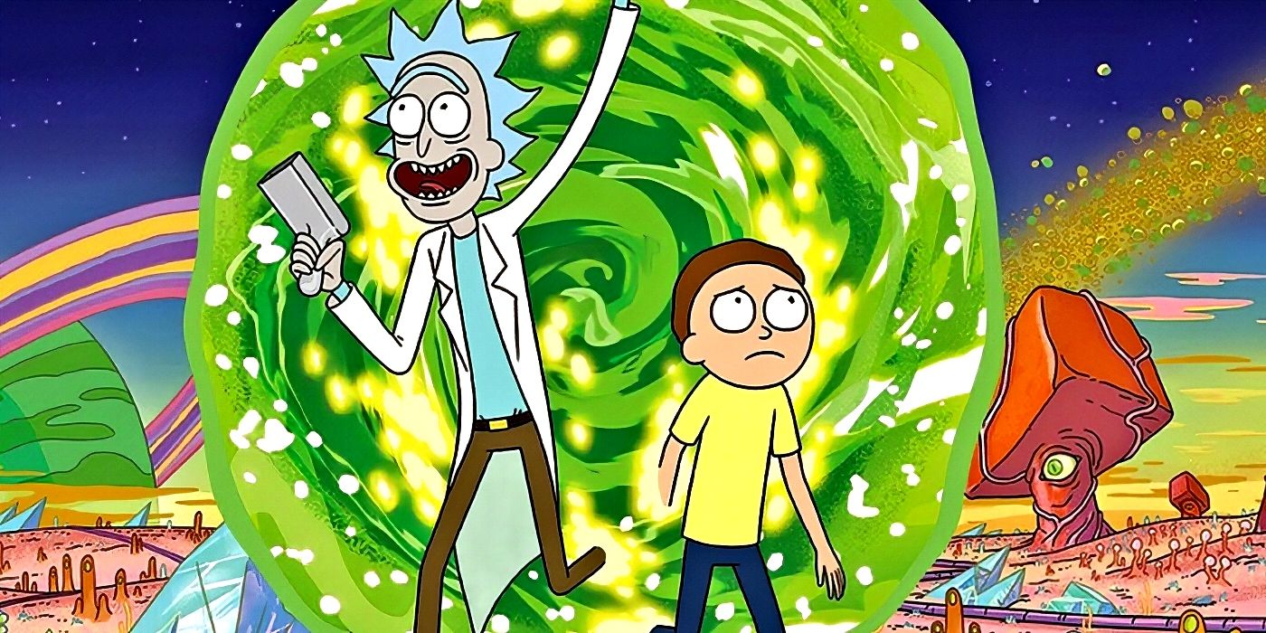 Rick and Morty using Rick's portal gun.