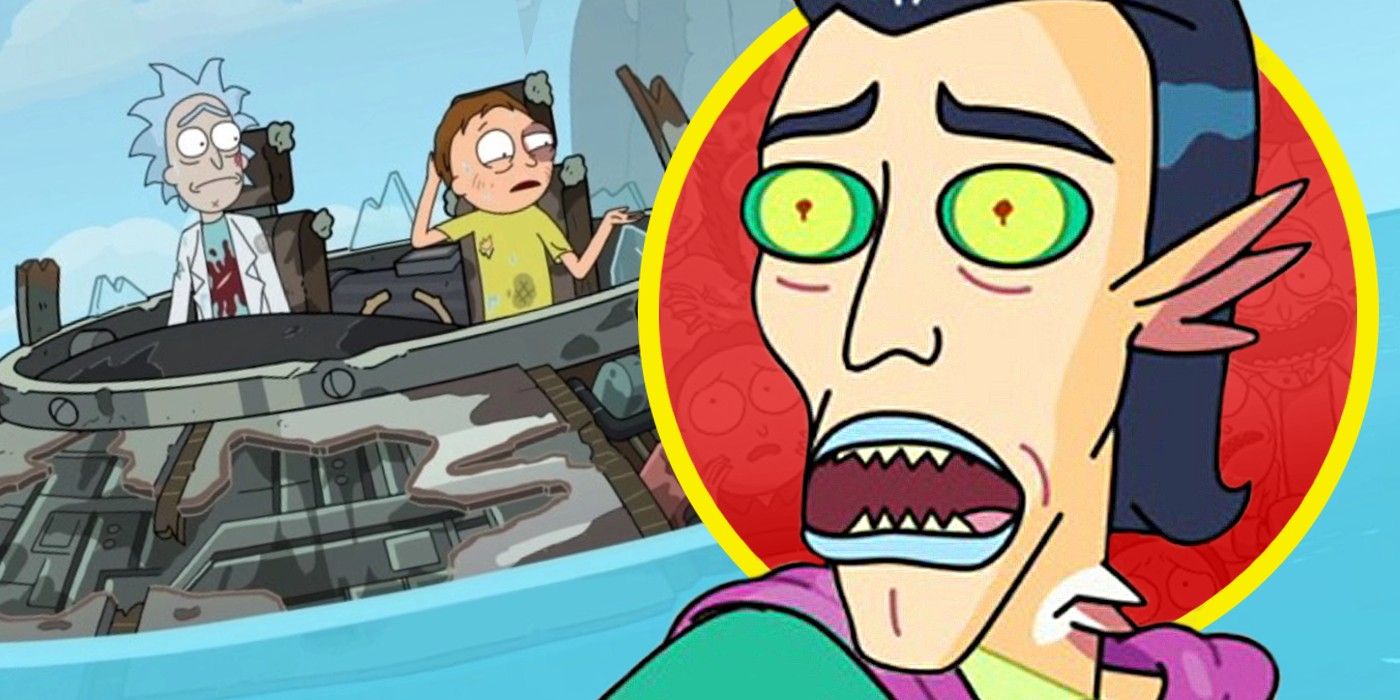 rick and morty's mister nimbus looks shocked as rick and morty ship floats in the ocean