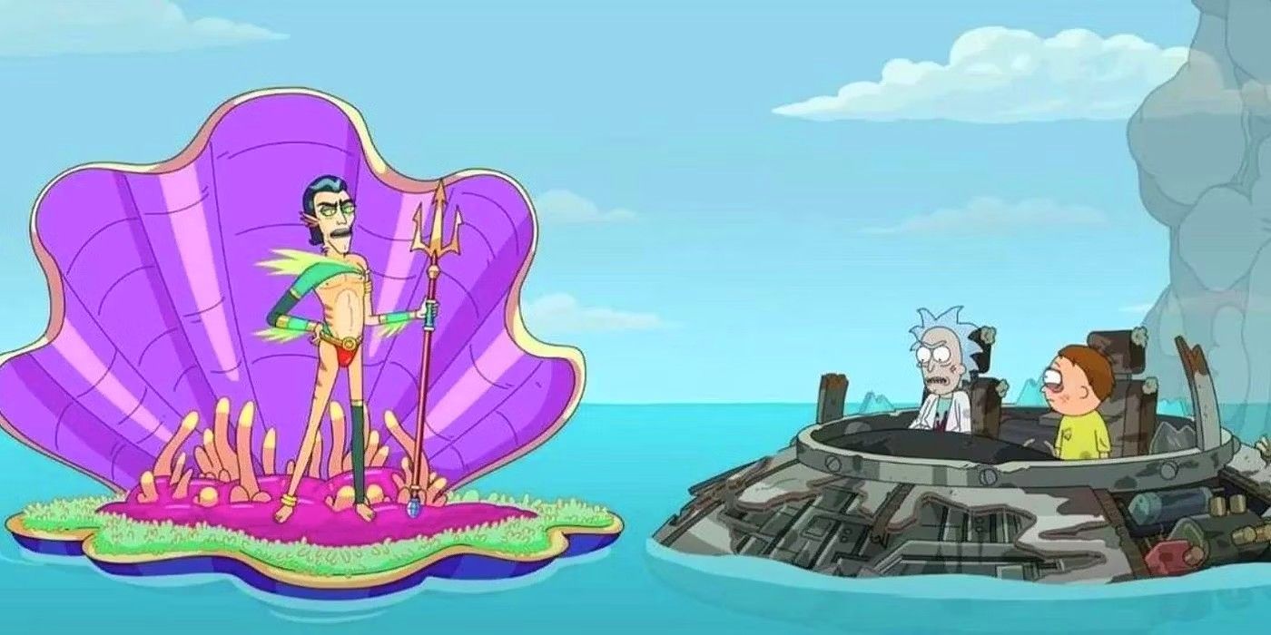 Rick e Morty ainda os mostram caídos no oceano, enquanto o Sr. Nimbus os incita com uma concha gigante