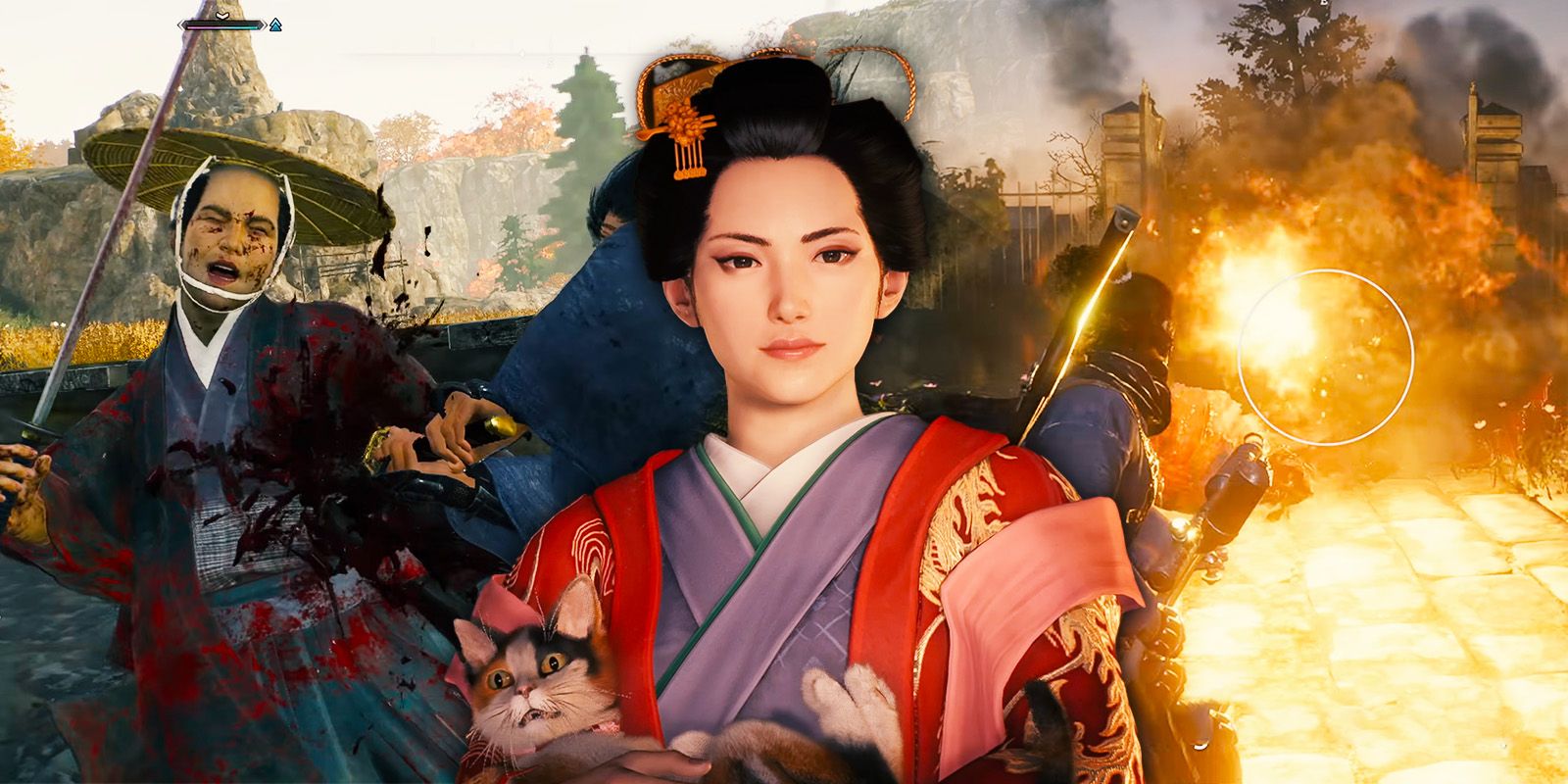 A closeup view of Princess Atsuko in the foreground, with gameplay from Rise of the Ronin behind her