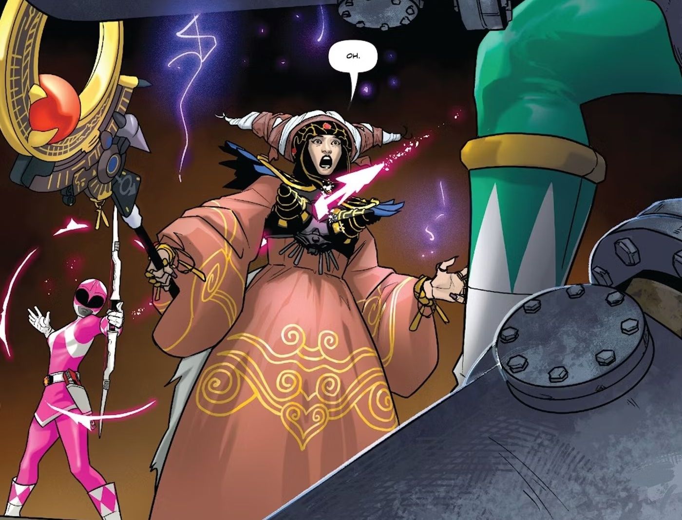 Rita Repulsa is shot in the back by the Pink Ranger