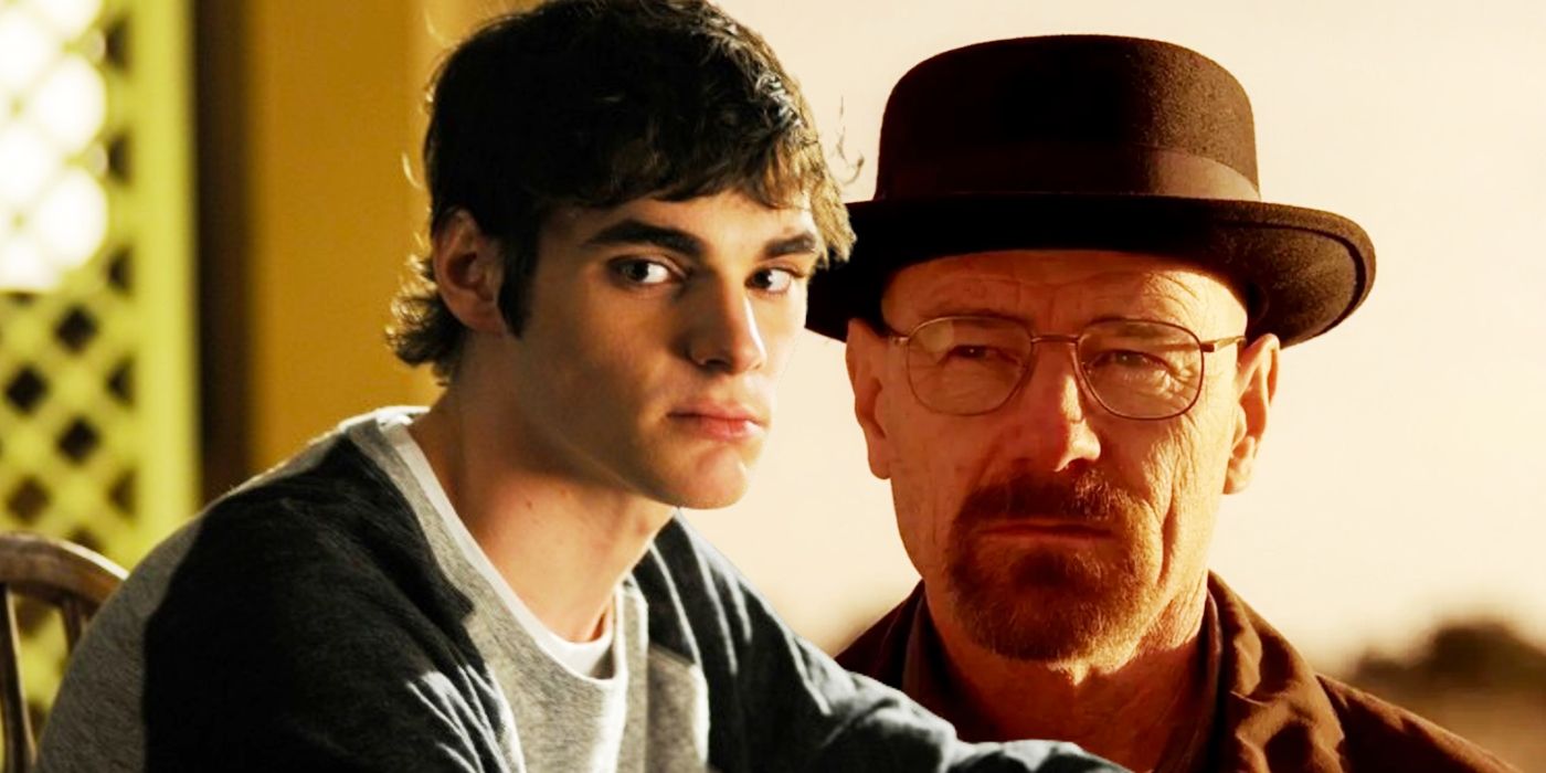 RJ Mitte as Walt Jr juxtaposed with Bryan Cranston as Walter White in Breaking Bad