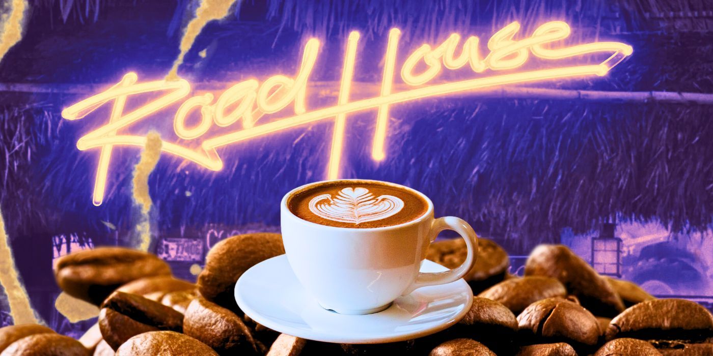 Road House 2024 neon sign with coffee beans and a cup of coffee