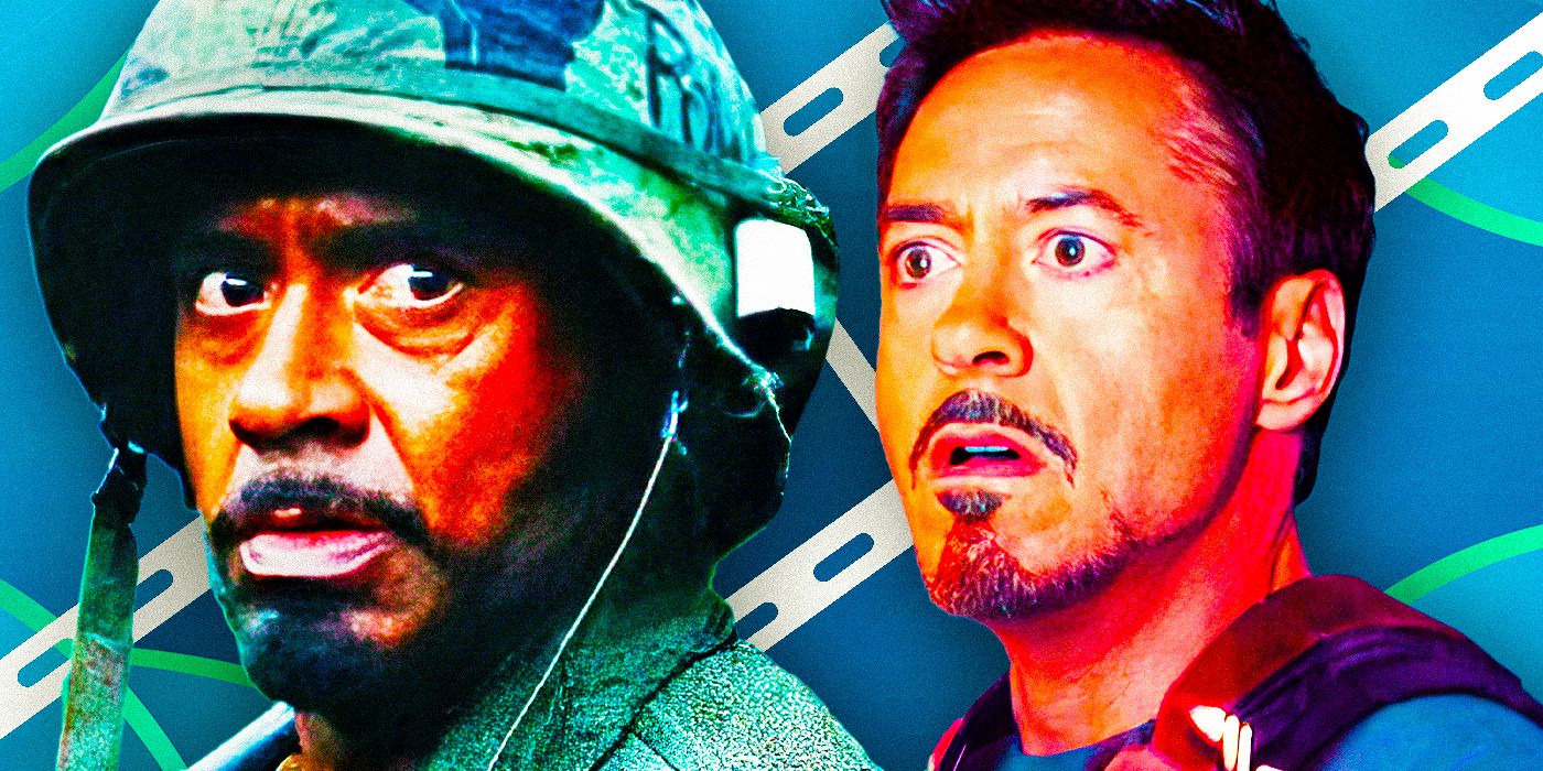 Robert Downey Jr. as Kirk Lazarus in Tropic Thunder and as Tony Stark in Iron Man