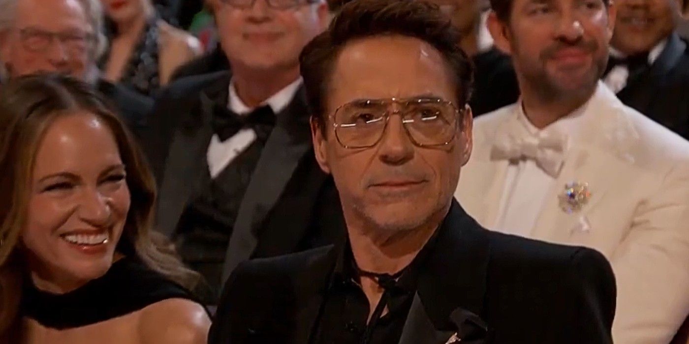 Robert Downey Jr reacting to Jimmy Kimmel's opening jokes at the 2024 Oscars