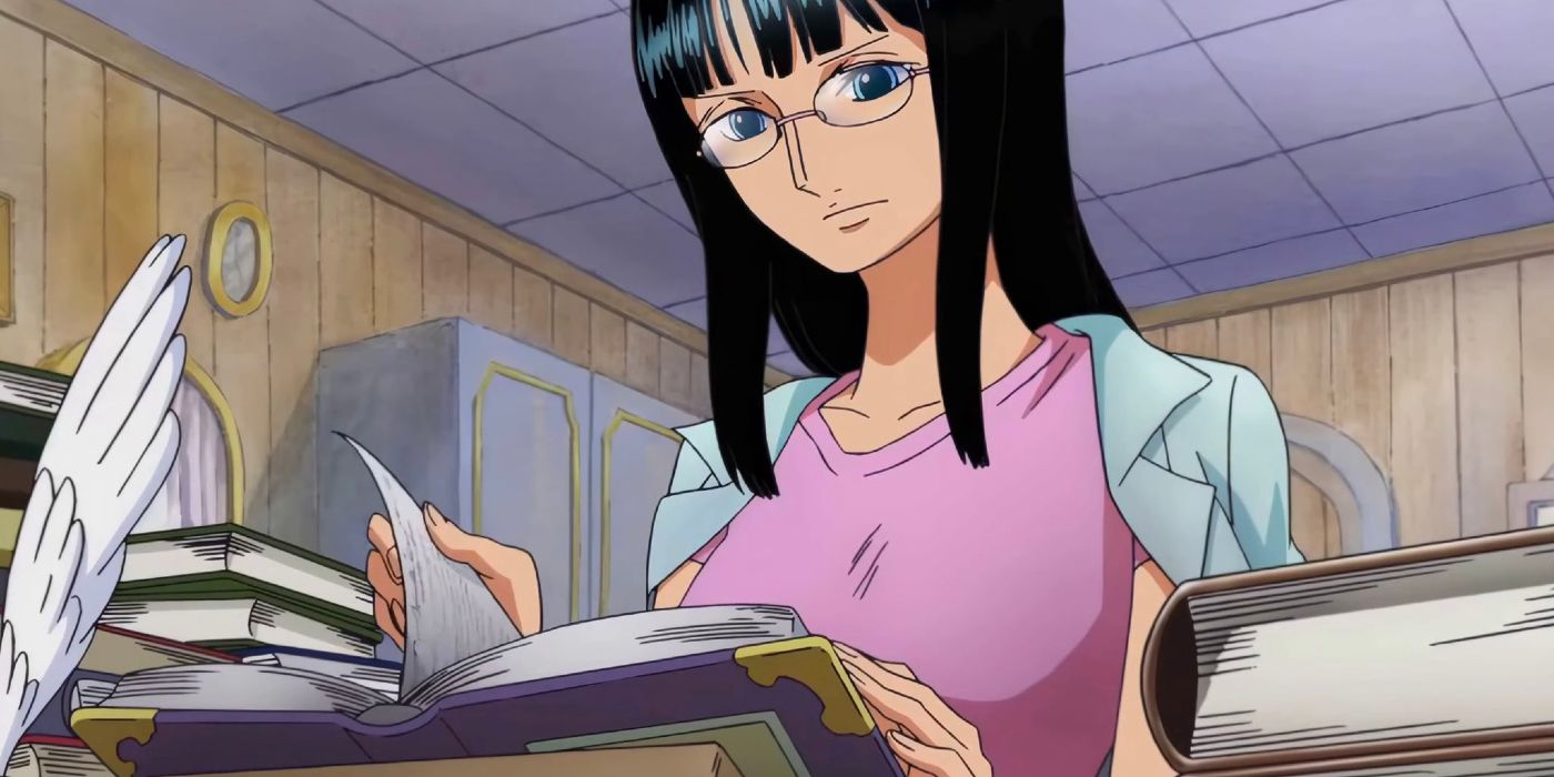 Robin reading a book wearing glasses in One Piece